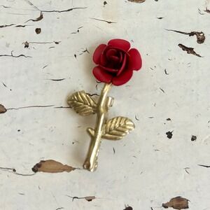Vintage Gold Tone Red Rose Brooch Enamel Flower Pin Botanical Floral Accessory
